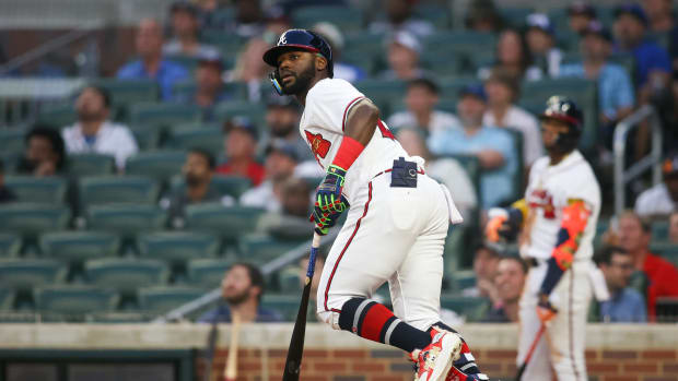 May 25, 2023; Atlanta, Georgia, USA; Atlanta Braves center fielder Michael Harris II (23) hits a sacrifice RBI against the Philadelphia Phillies in the fourth inning at Truist Park.